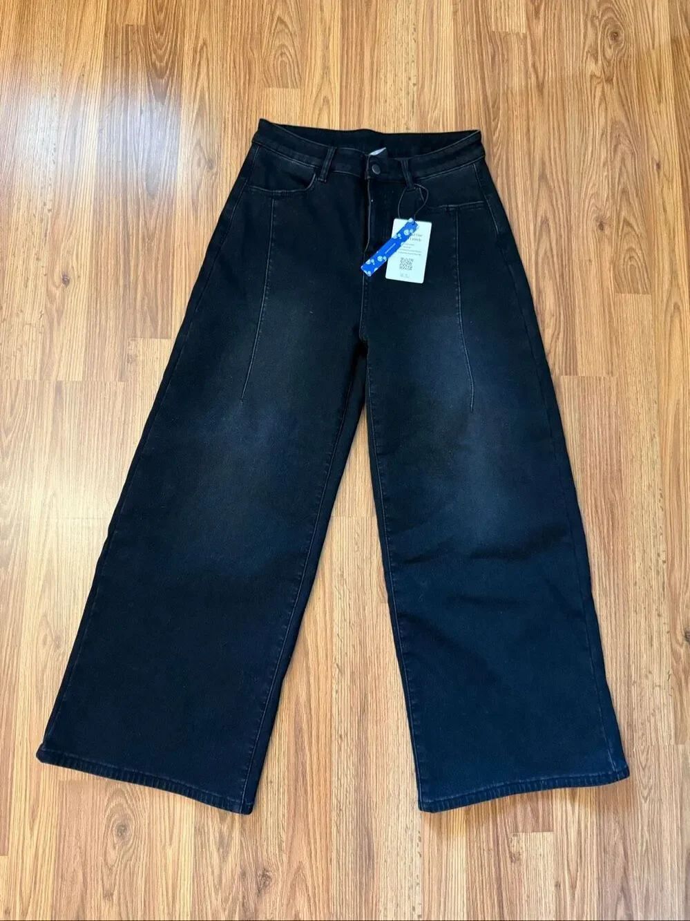 NWT Cider Women's High-Rise Wide Leg Denim Jeans Faded Black Wash Size Large